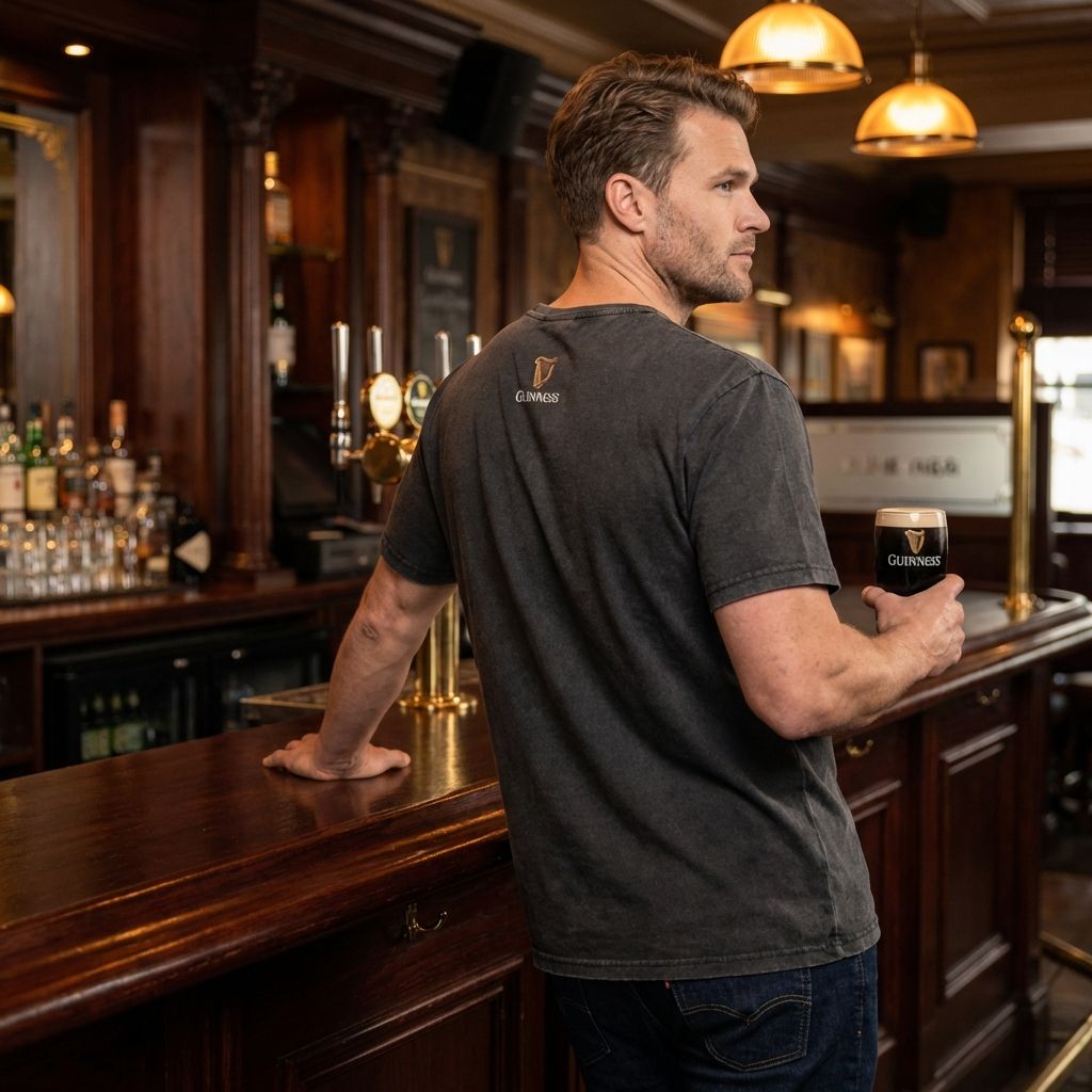 A man stands at a pub bar with a glass of Guinness, wearing the Guinness Black Evolution Harp Premium Tee. Wooden decor and beer taps are visible in the background.