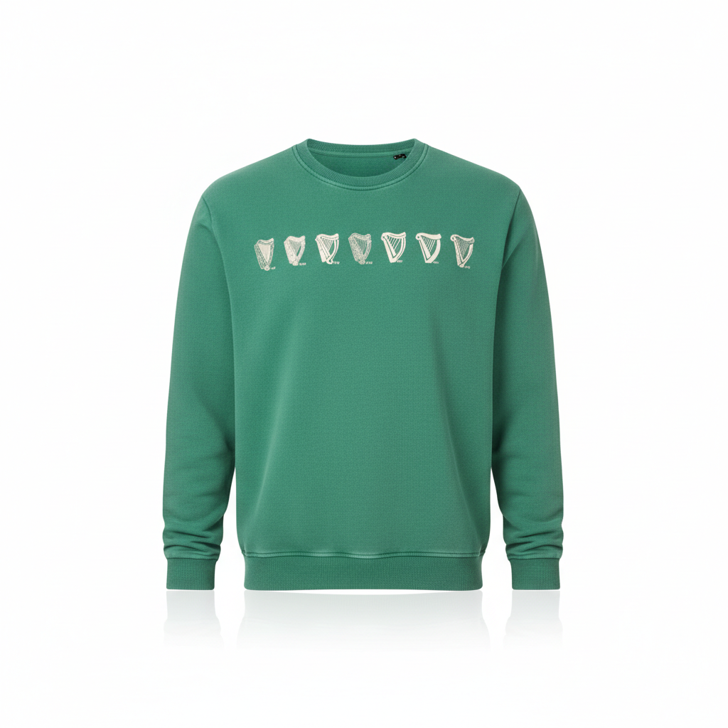 The Guinness Evolution Harp Green Sweatshirt from Guinness Webstore US features seven stylized harps across the chest, celebrates the harp’s evolution, is made of 100% cotton, and is shown on a plain white background.