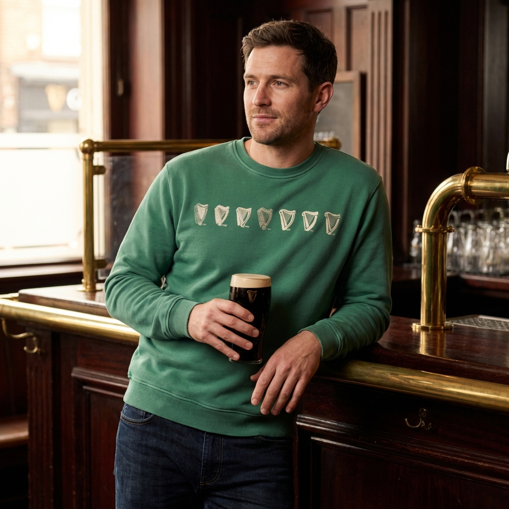 A man in a Guinness Evolution Harp Green Sweatshirt from Guinness Webstore US holds a pint of dark beer while standing at a wooden bar with brass fixtures.