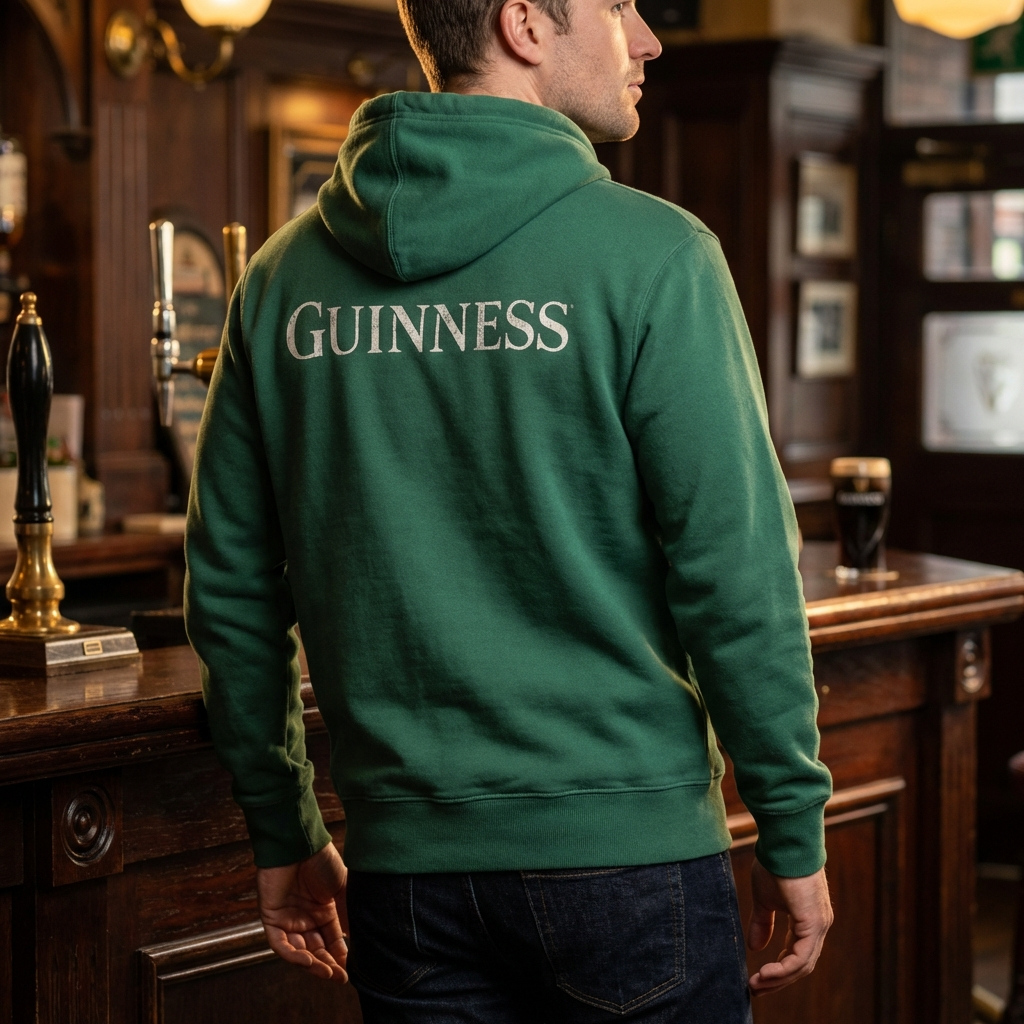 A man in a green Guinness Evolution Harp Hoodie stands at a wooden bar with a pint of dark beer in the background, lending the scene a vintage vibe.