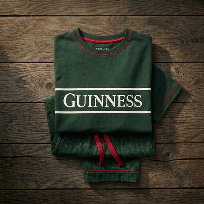 The Guinness Unisex 2-Piece Pajama Set – Green from Guinness Webstore US features red trim and “Guinness” on the front—a cozy, gift-ready pajama set for all.