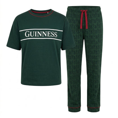 Guinness Unisex 2-Piece Pajama Set – Green, featuring “GUINNESS” text and matching pants with a red drawstring—great as a gift or in a gift box.