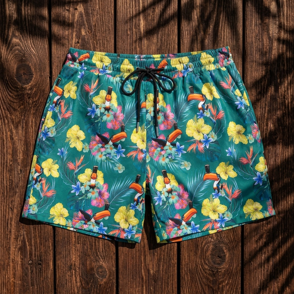 The Guinness Toucan Hawaiian Green Beach Shorts by Guinness Webstore US feature a tropical floral and toucan print, shown on a wooden surface dappled with leaf shadows.