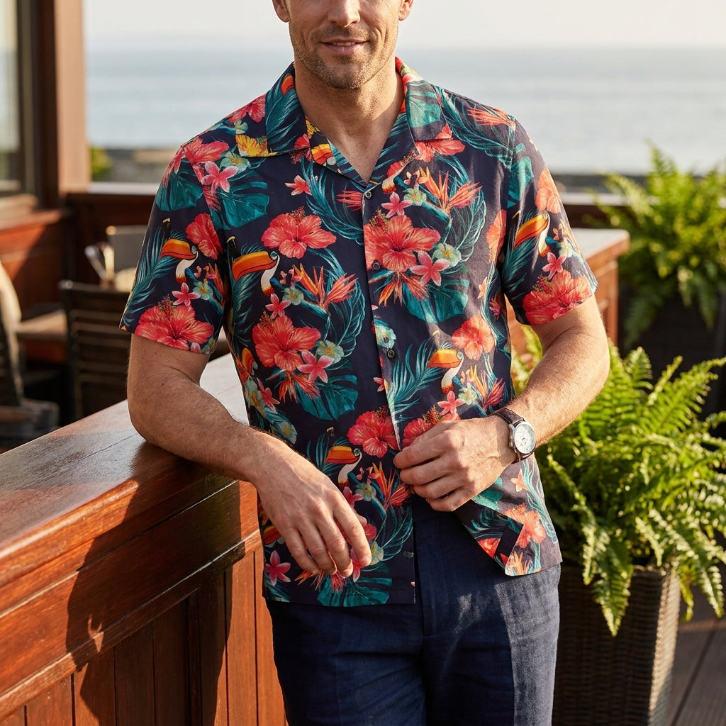 A man stands outdoors by a wooden railing, with plants and the ocean behind him, wearing the Guinness Toucan Hawaiian Shirt from Guinness featuring vibrant floral and toucan patterns.