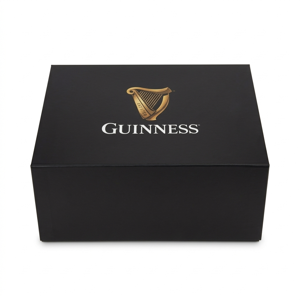 Large Guinness Gift Box in black, featuring a gold harp logo and the word “GUINNESS” printed on the lid.