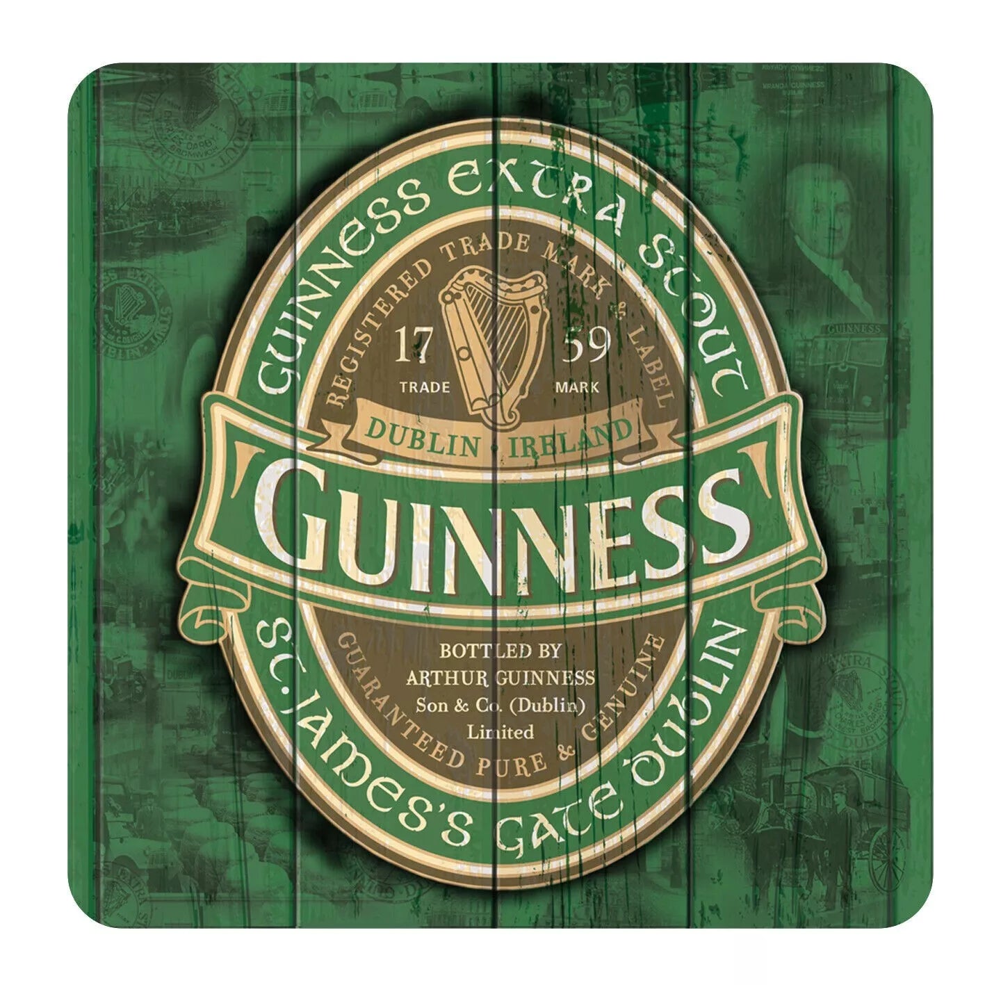 Adorned with a vintage-style green and gold Guinness Extra Stout label that captures Irish charm and chronicles its origins and trademark from Dublin, Ireland, this coaster overlays old black-and-white images. Ideal for enhancing your home decor, the **Guinness Ireland Label Coaster** by **Guinness Webstore US** is a quintessential addition to any setting.