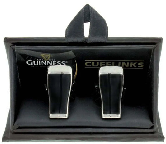 The Guinness Cuff Links Pint Design - Pearl & Silver, presented in a black box adorned with the iconic Guinness logo, are the ideal accessory to complement your favorite Guinness sweater. Available from the Guinness Webstore US.