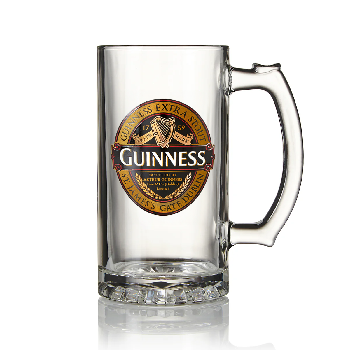 The Guinness Classic Tankard from Guinness Webstore US is an essential for fans, featuring a clear glass design adorned with the iconic Guinness Extra Stout logo on a white background.